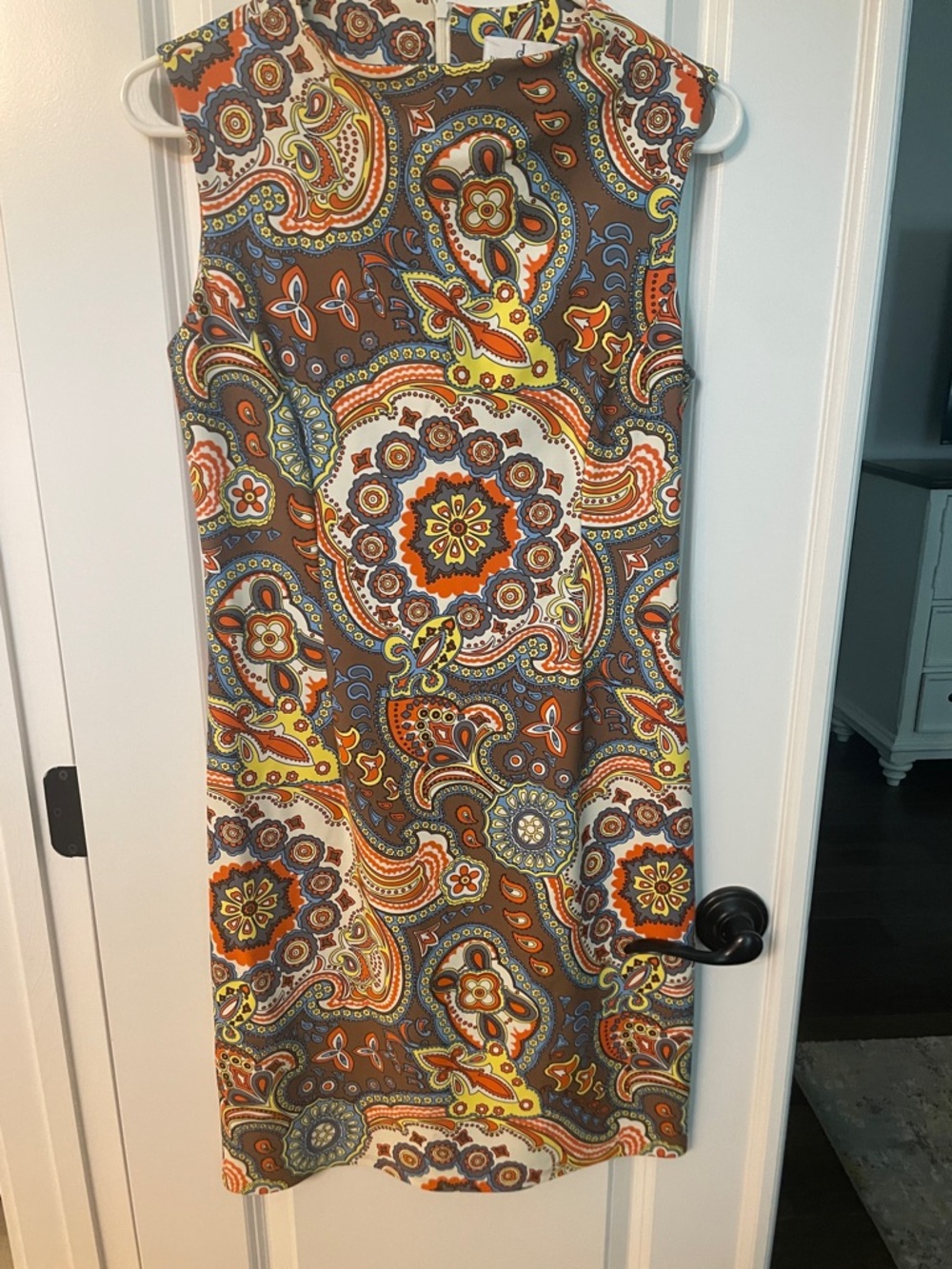 Jude Connally Brown, Orange & Yellow Paisley Shift Mini Dress